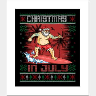 Christmas in July Santa Surfing Ugly Sweater Posters and Art